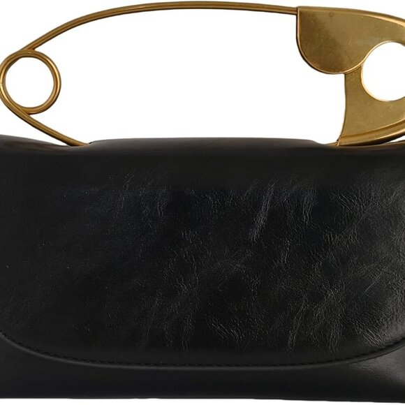 Handbags - Women's Small Black Soft Pin Shaped Vegan Leather Crossbody Purse Bag with Gold